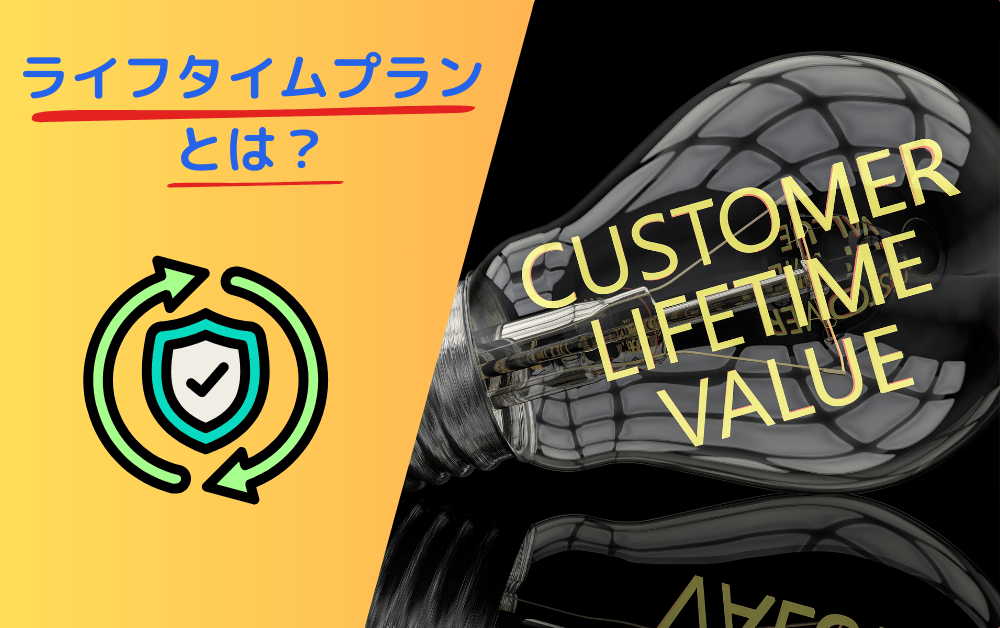 「ライフタイムプランとは？」と青字で問いかける説明画像。左側はオレンジ背景に循環矢印とシールドアイコンを配置。右側は黒背景に電球の中に「CUSTOMER LIFETIME VALUE」の英字が輝くデザイン。顧客生涯価値の概念を視覚的に表現し、イルシルのライフタイムプランの価値を示唆している。
